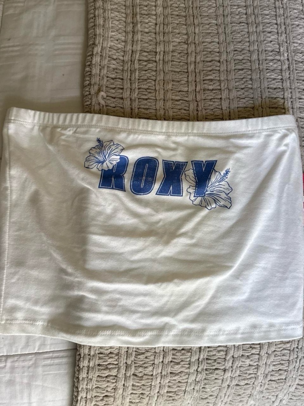 Roxy White Tube Skirt with Blue Logo and Floral Accents